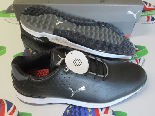 puma proadapt alphacat leather golf shoes black/silver uk size 8