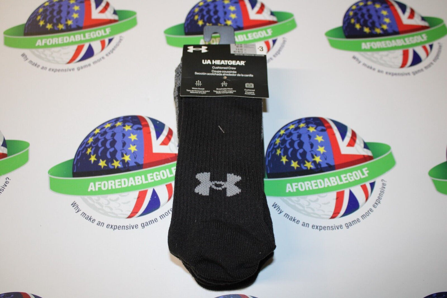 under armour heatgear cushioned crew socks black 3 pairs uk size large 7.5-12