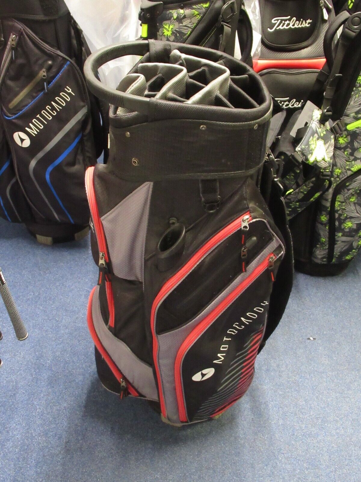 used motocaddy club series 14 way cart bag black/grey/red