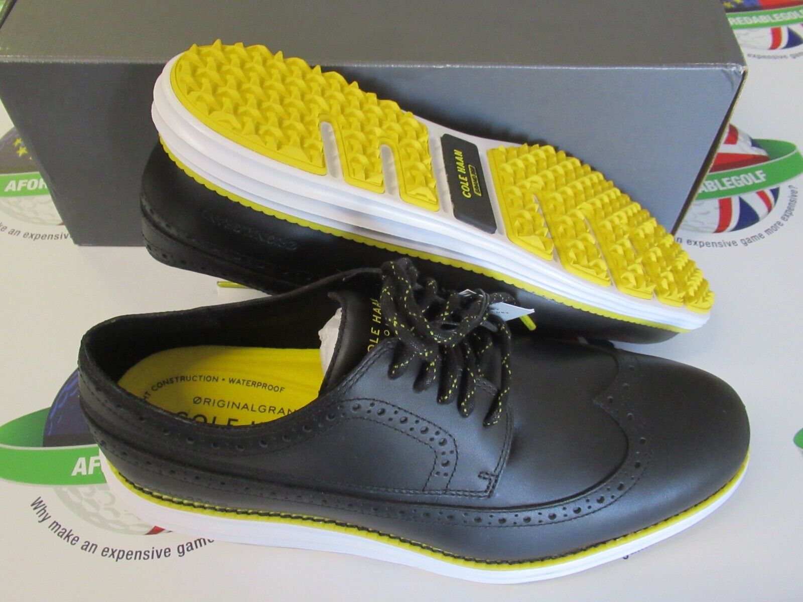 cole hann original grand wing oxford spikeless golf shoes black yellow Aforedablegolf