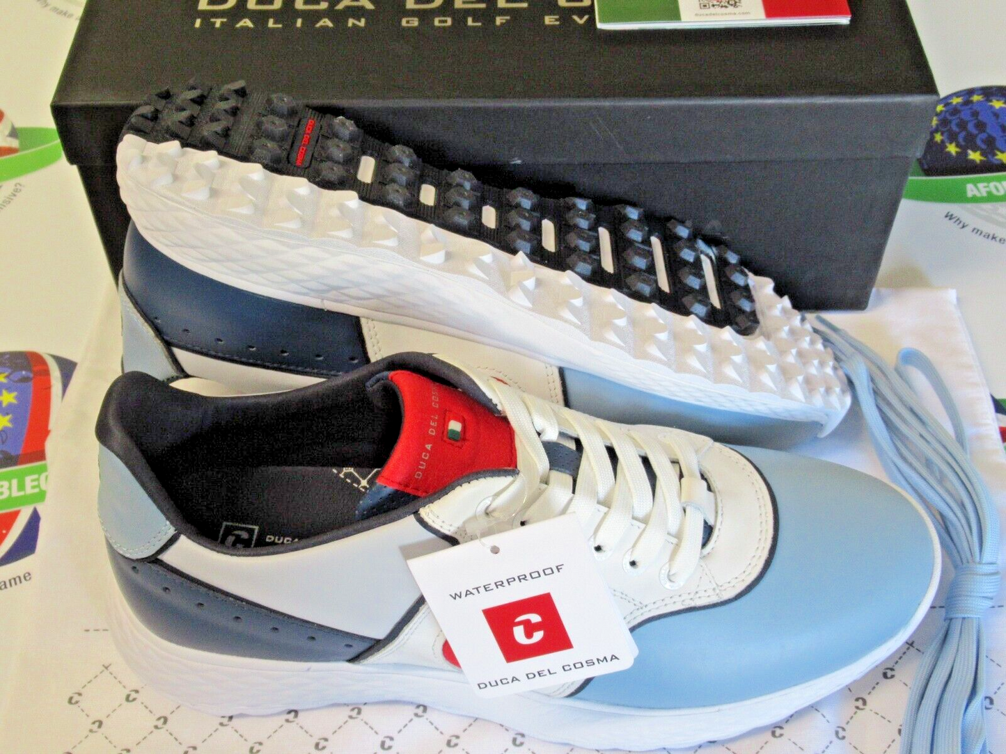 duca del cosma italian leather positano golf shoes white/blue/red uk size 11