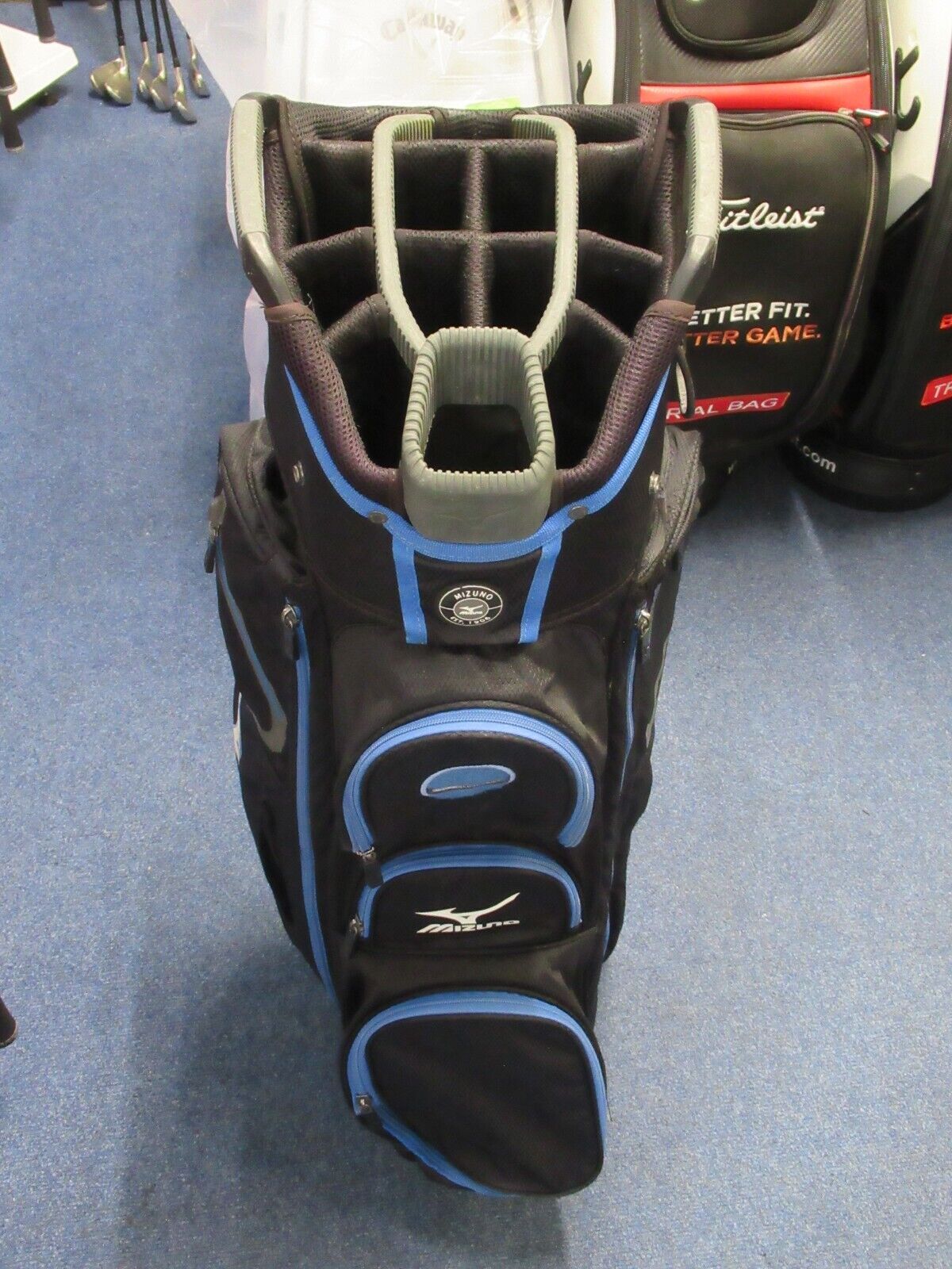 used mizuno 14 way cart bag black/blue with rain hood