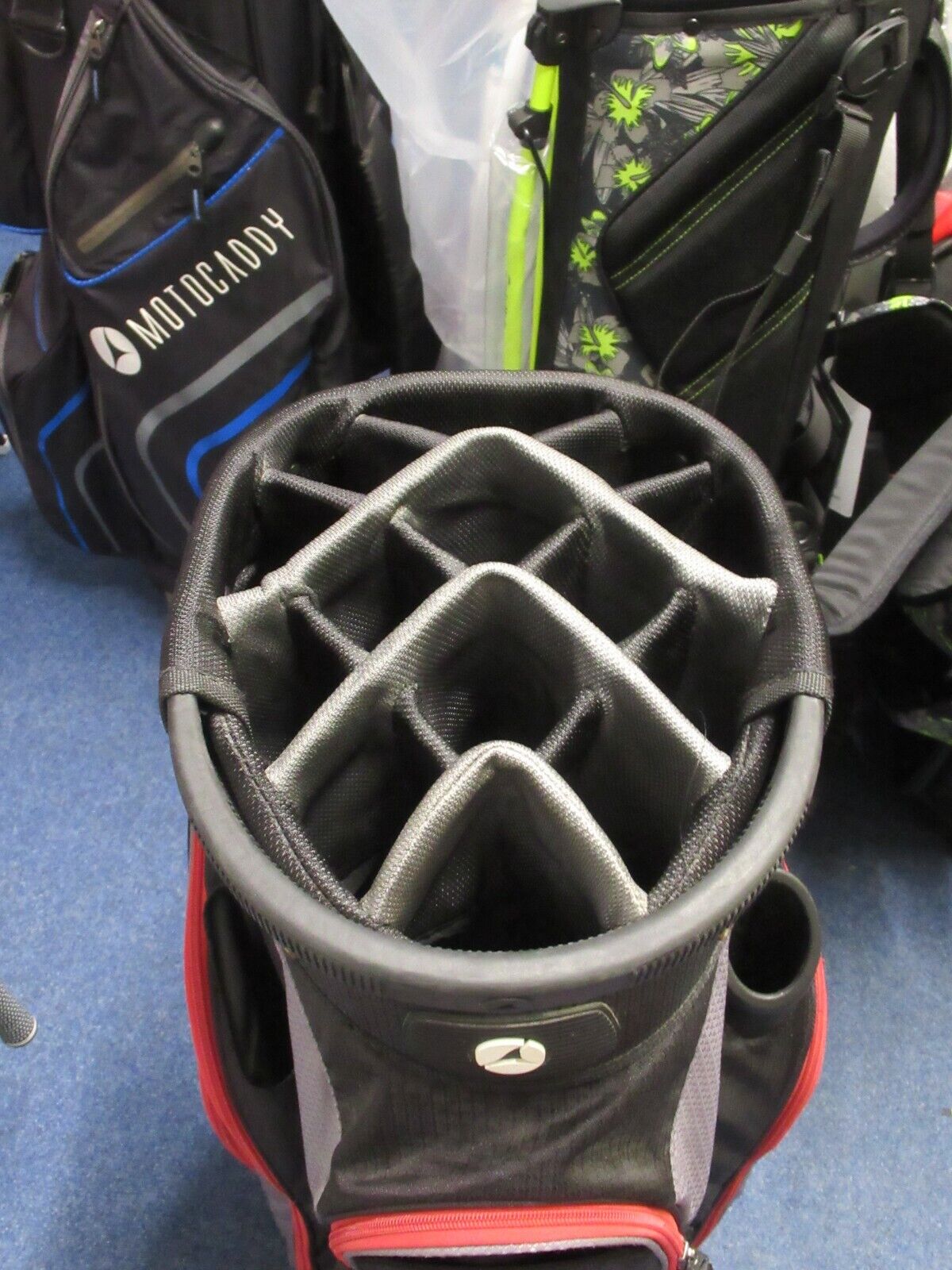 used motocaddy club series 14 way cart bag black/grey/red