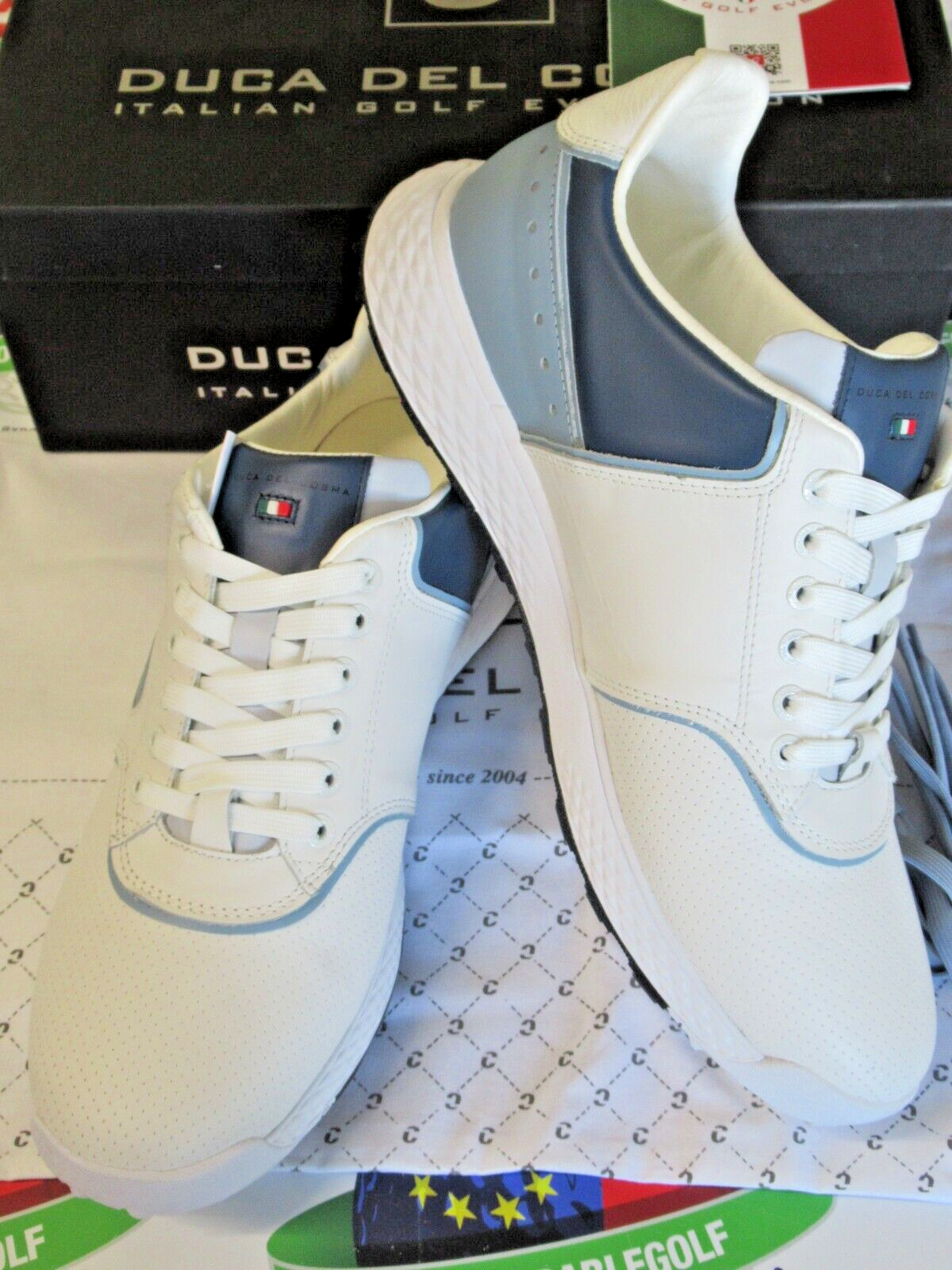 duca del cosma italian leather positano golf shoes white/blue uk size 9