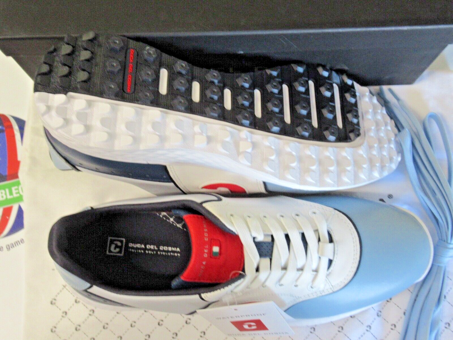 duca del cosma italian leather positano golf shoes white/blue/red uk size 11