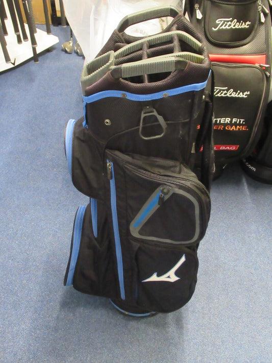 used mizuno 14 way cart bag black/blue with rain hood