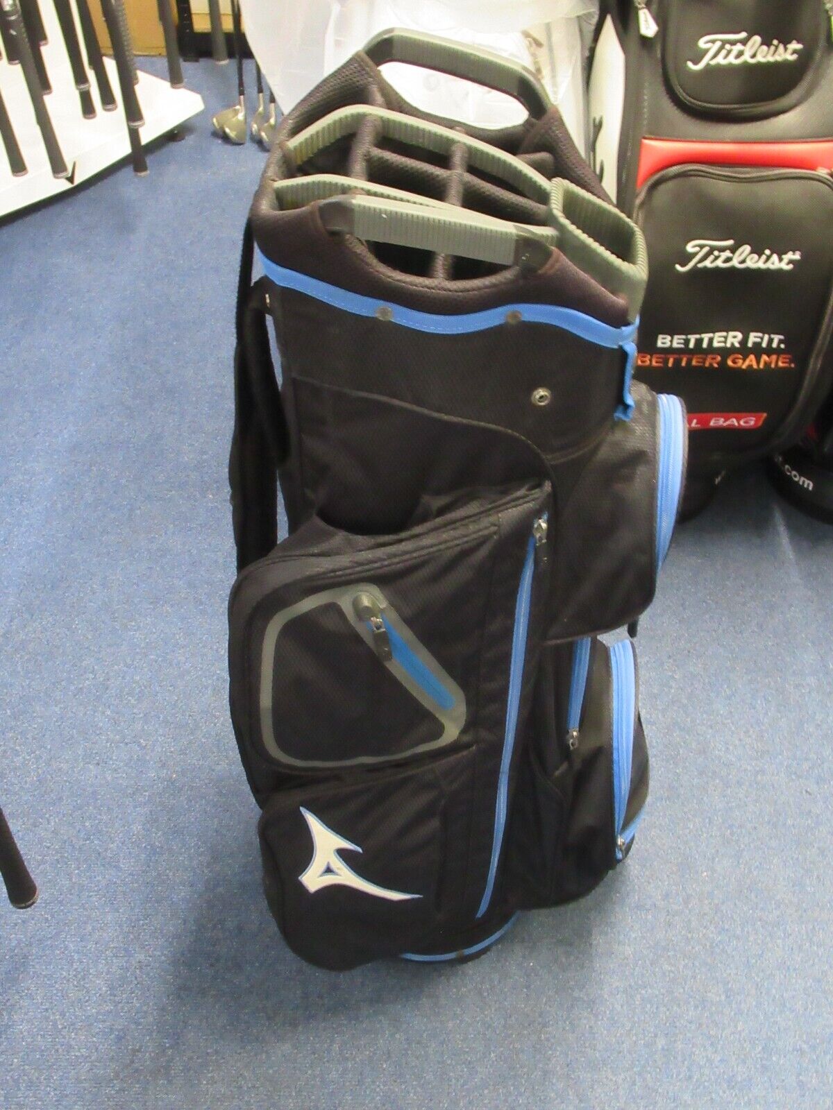 used mizuno 14 way cart bag black/blue with rain hood