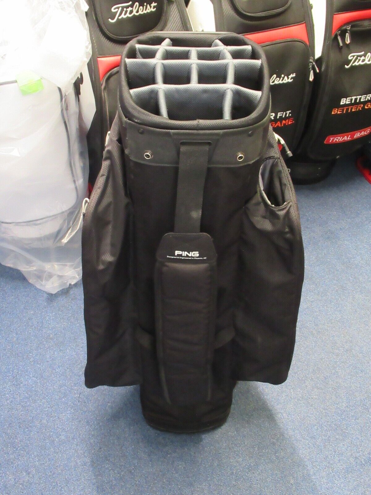 used ping traverse deluxe 14 way cart bag black/grey/white