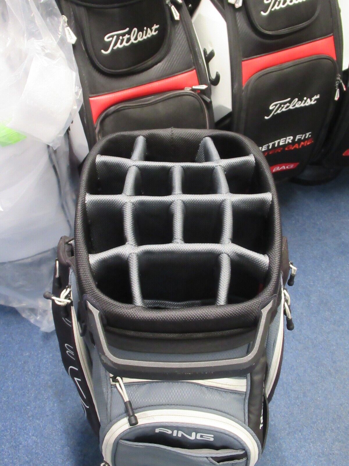 used ping traverse deluxe 14 way cart bag black/grey/white