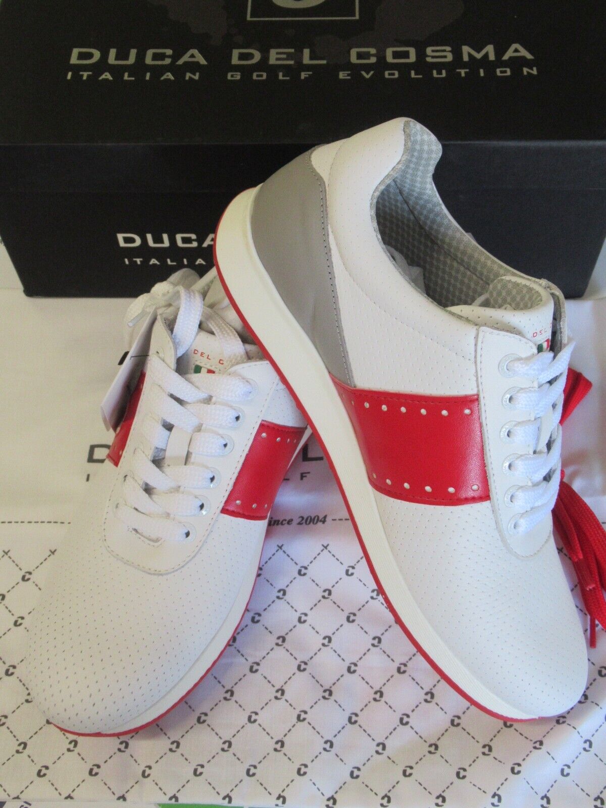 duca del cosma italian leather belair golf shoes white/grey/red uk size 6