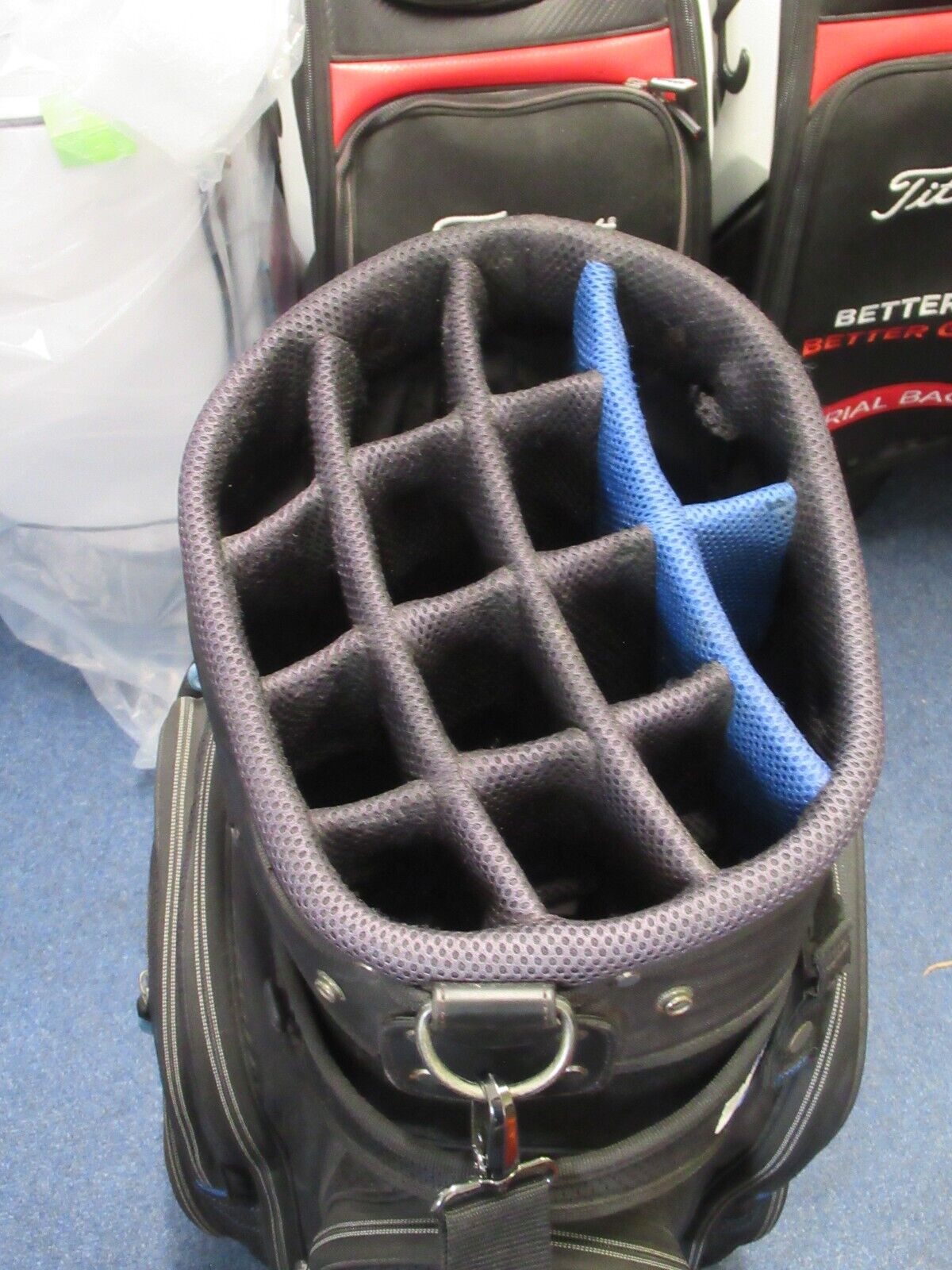 used clicgear b3 14 way cart bag black/blue with rainhood