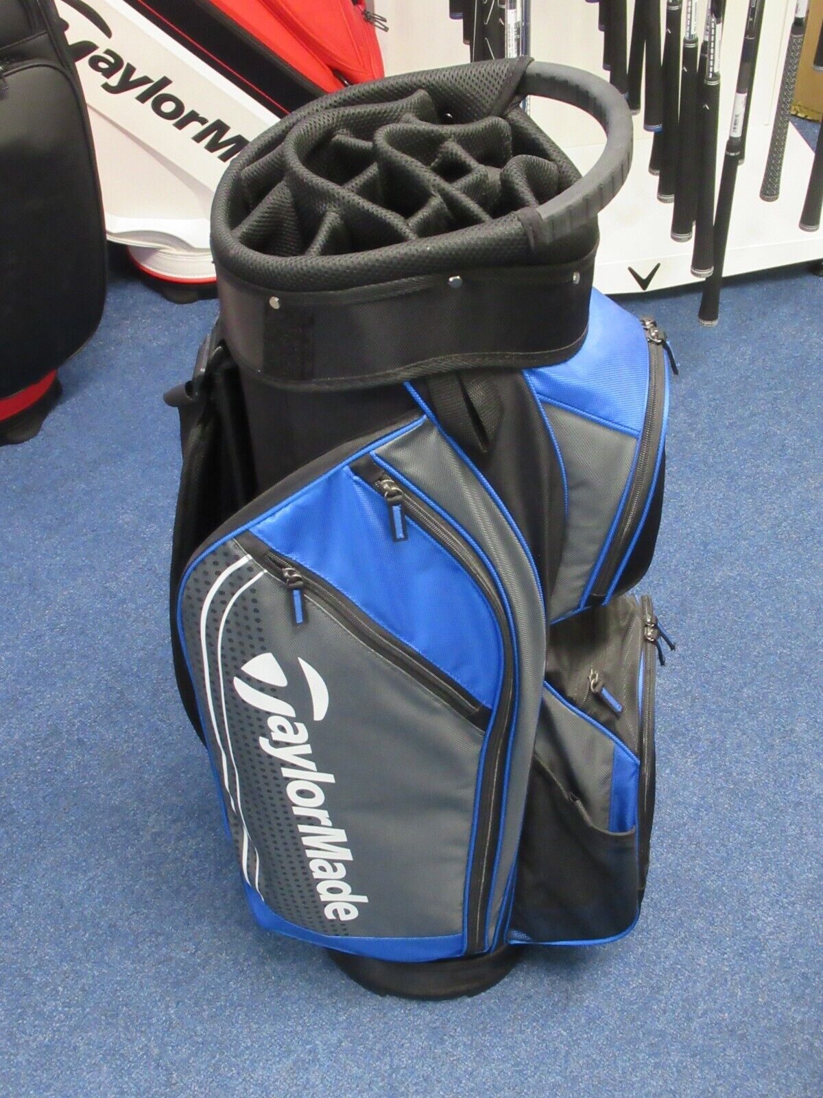 new taylormade 14 way divider 1.0 cart bag black/grey/blue includes rain hood