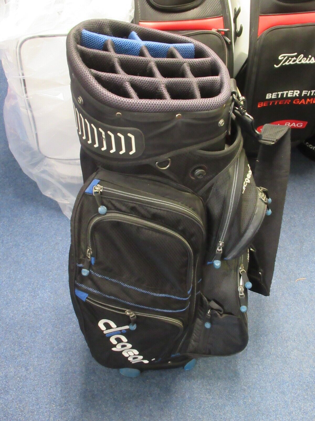 used clicgear b3 14 way cart bag black/blue with rainhood