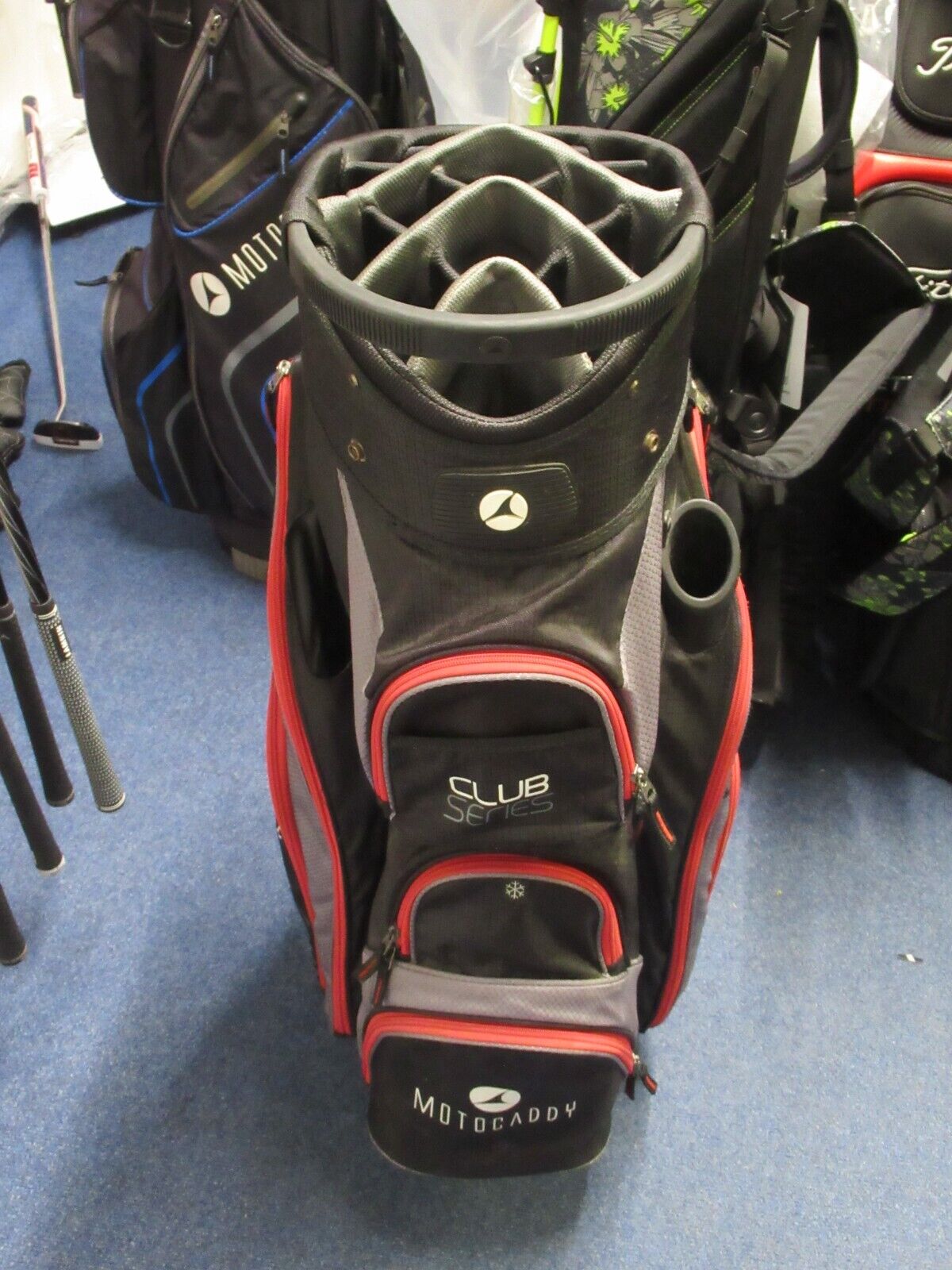 used motocaddy club series 14 way cart bag black/grey/red