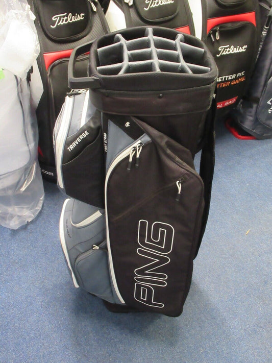 used ping traverse deluxe 14 way cart bag black/grey/white