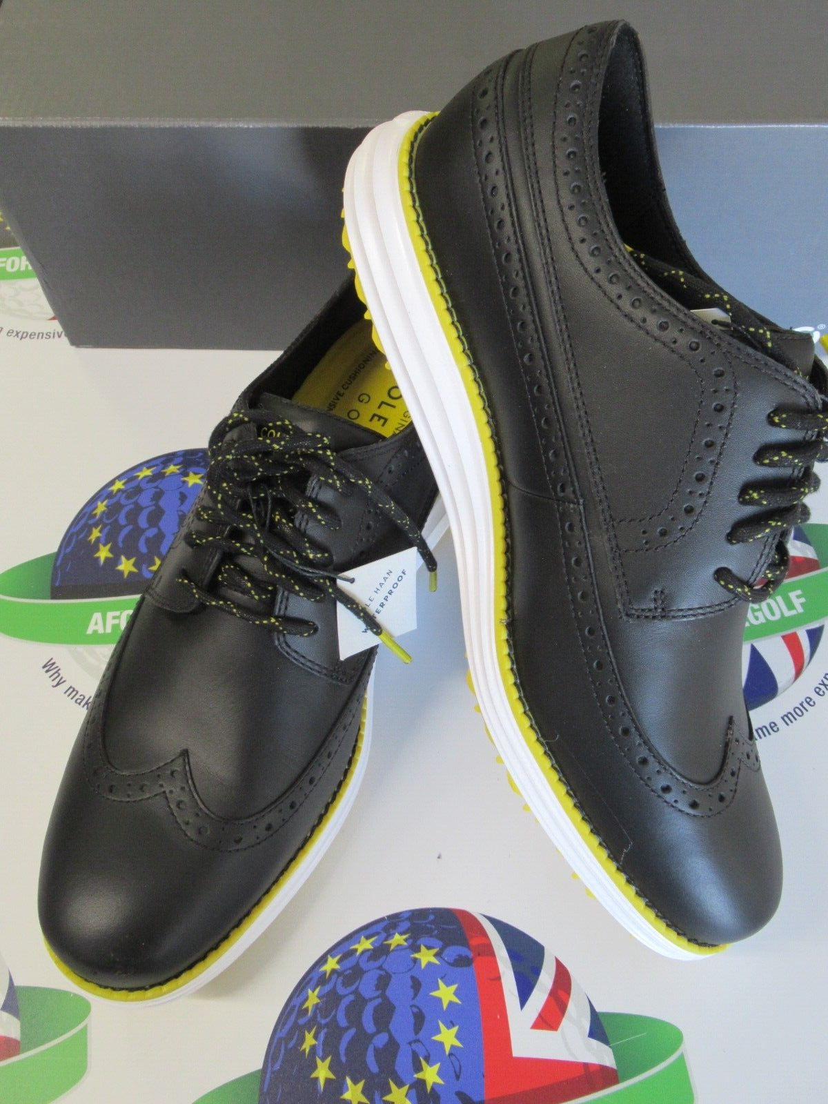 cole hann original grand wing oxford spikeless golf shoes black/yellow uk size 9