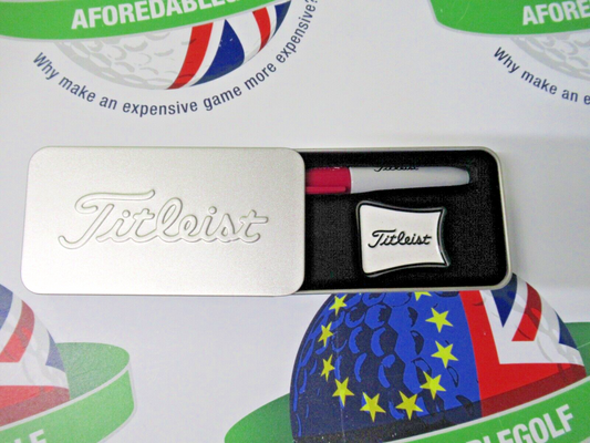 titleist alignment ball marker and raspberry sharpie in presentation tin