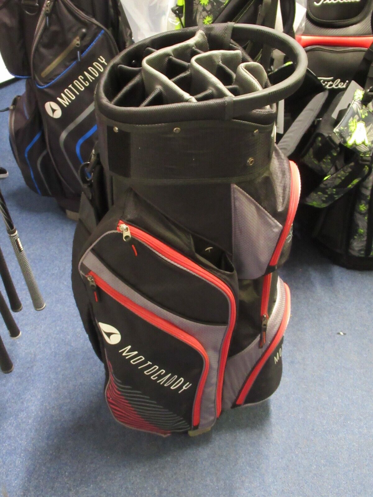 used motocaddy club series 14 way cart bag black/grey/red