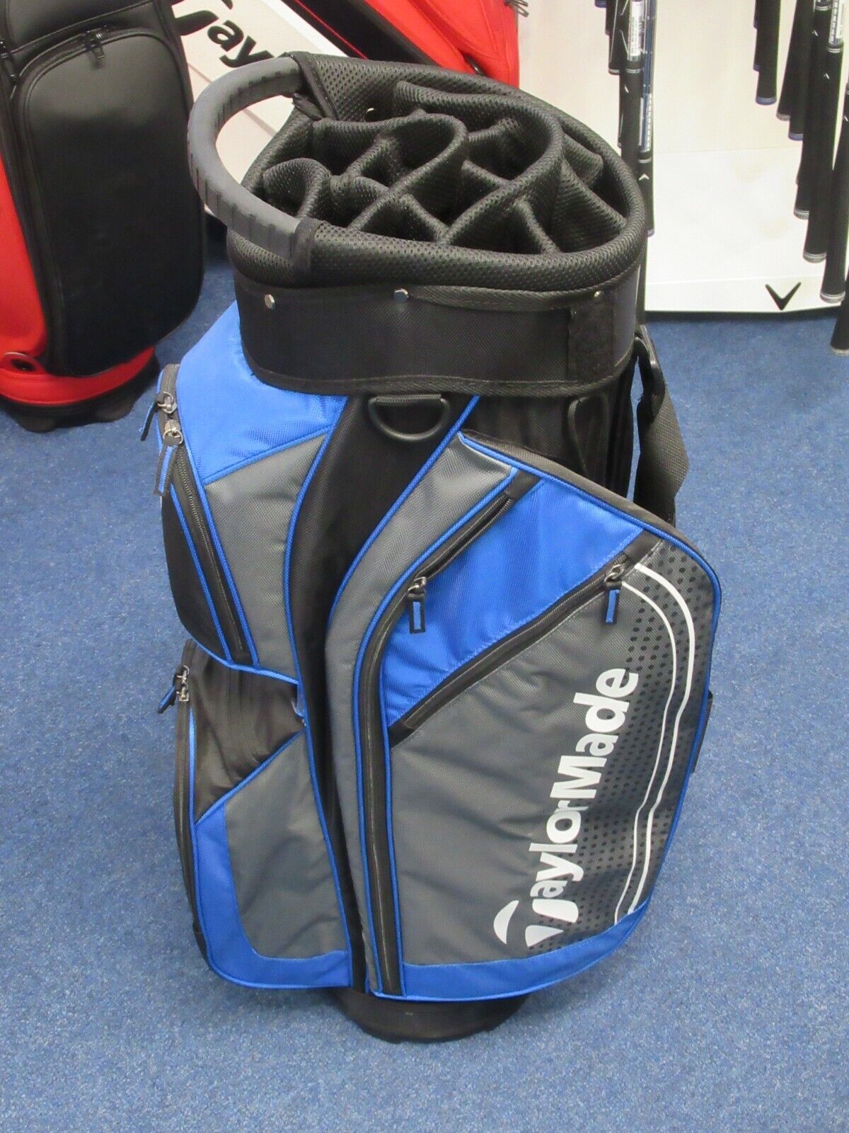 new taylormade 14 way divider 1.0 cart bag black/grey/blue includes rain hood