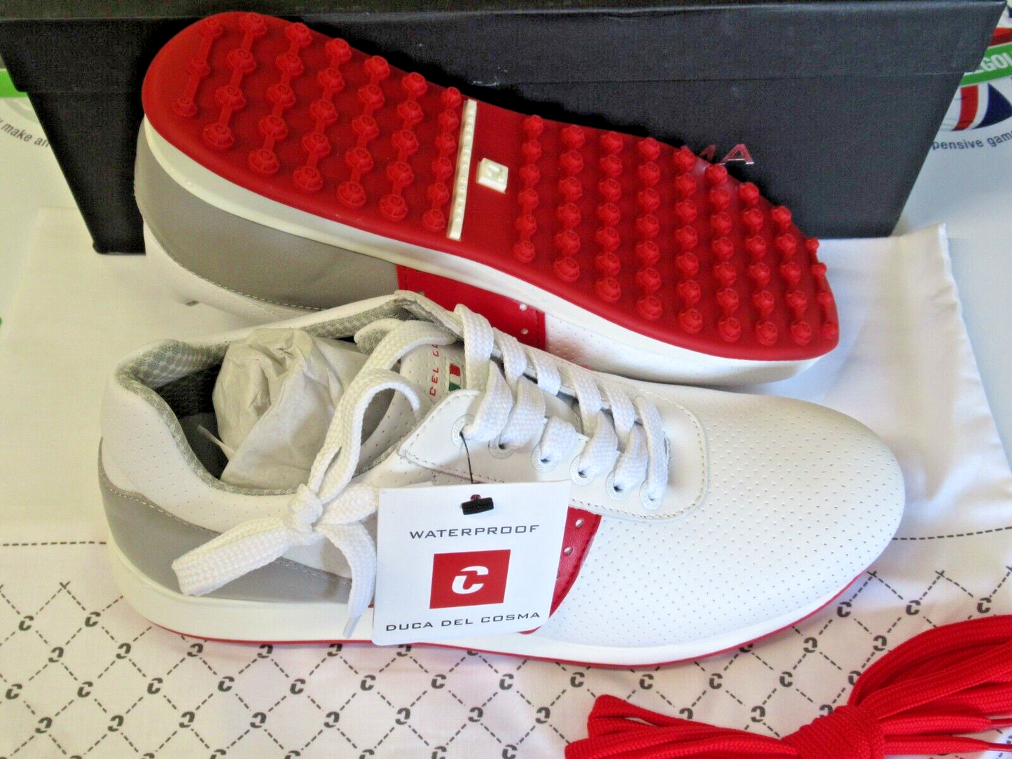 duca del cosma italian leather belair golf shoes white/grey/red uk size 6