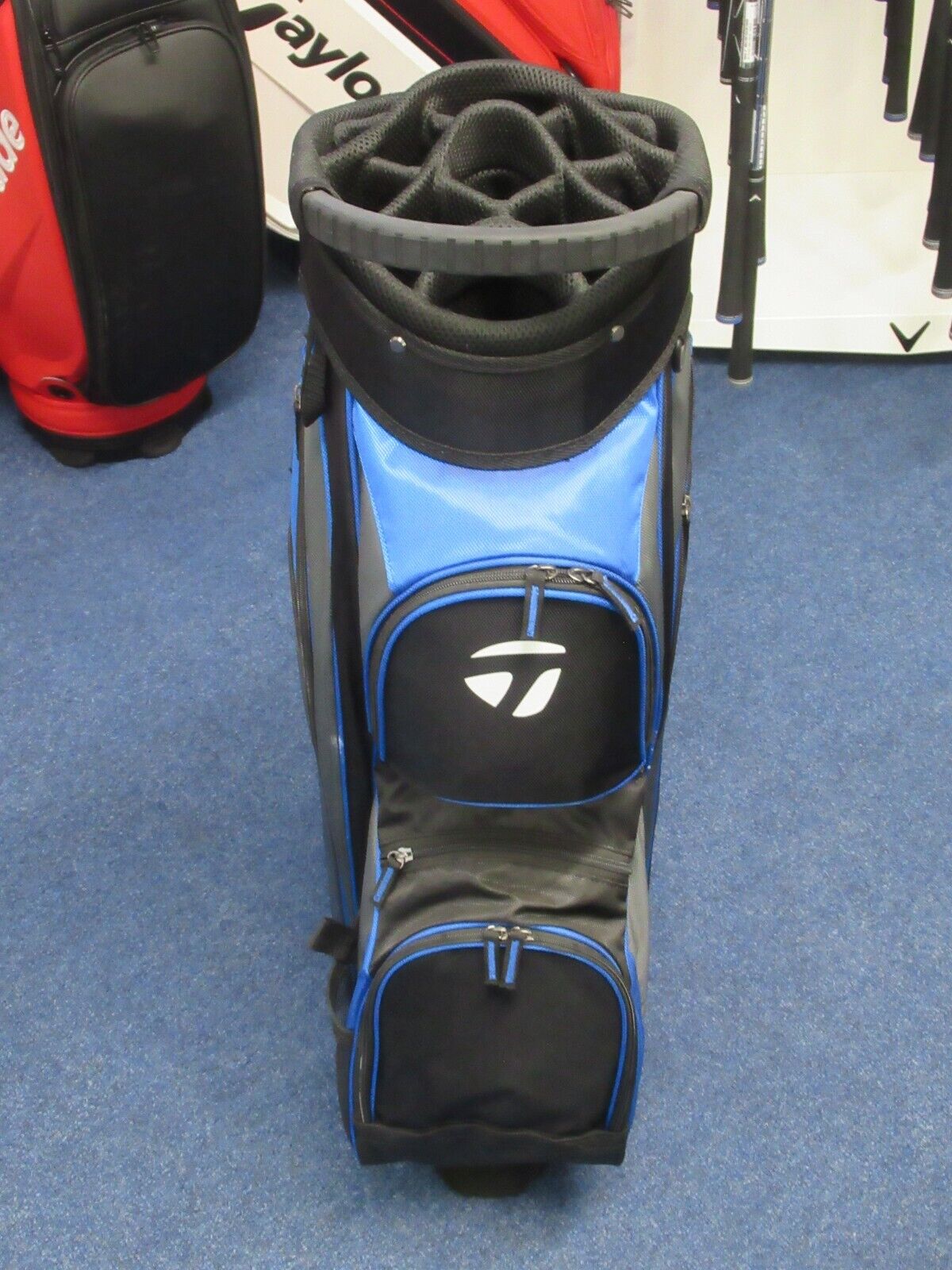 new taylormade 14 way divider 1.0 cart bag black/grey/blue includes rain hood