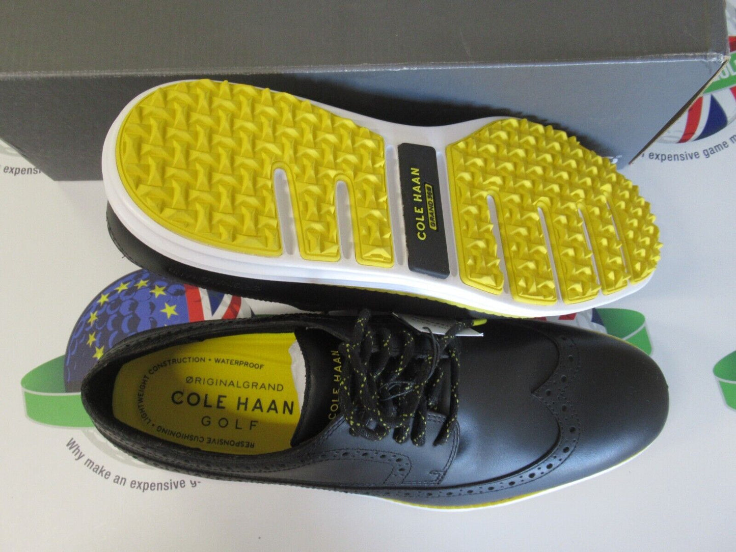 cole hann original grand wing oxford spikeless golf shoes black/yellow uk size 9