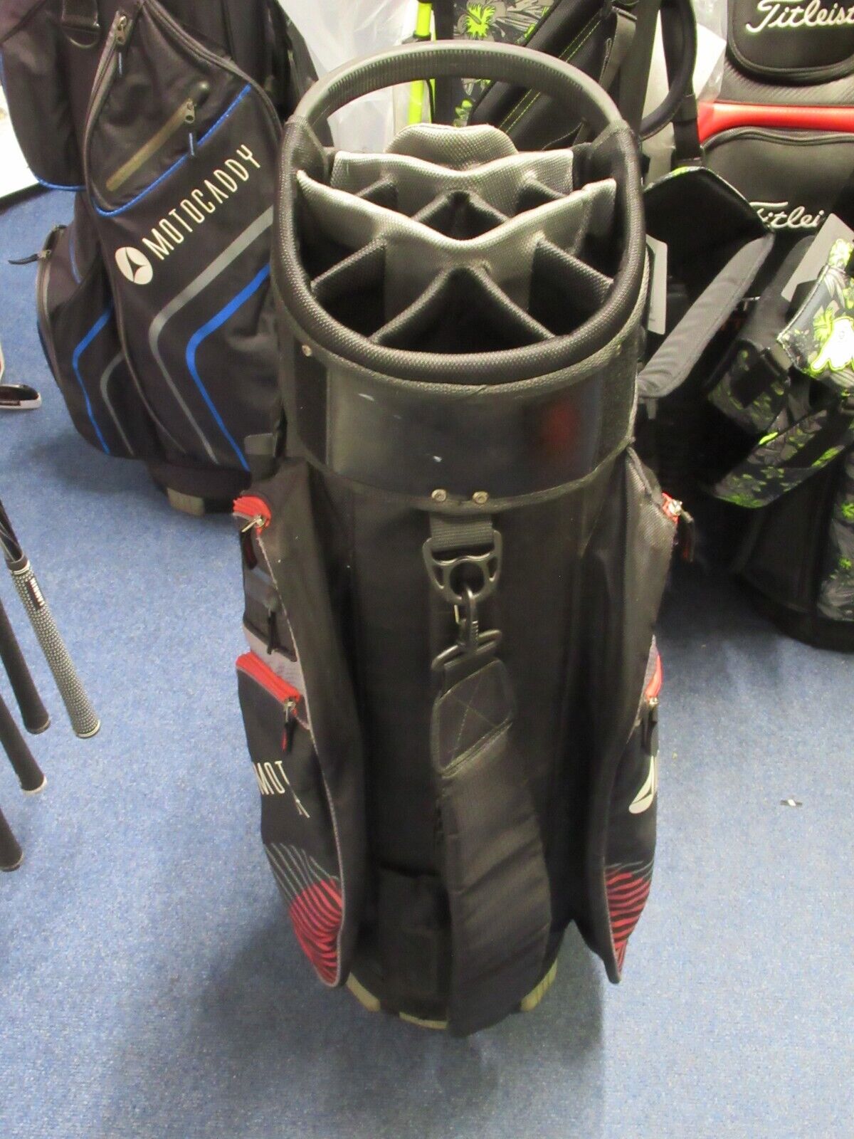 used motocaddy club series 14 way cart bag black/grey/red