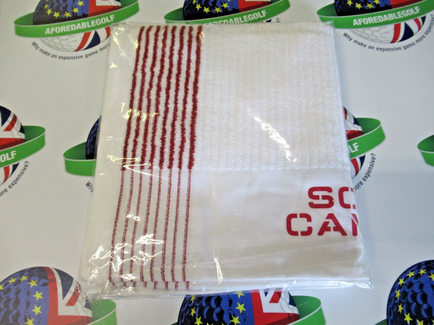 scotty cameron limited edition vintage caddy towel 22" x 45" white/red