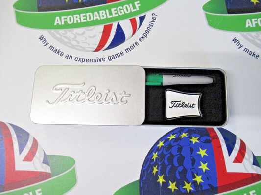 titleist alignment ball marker and green sharpie in presentation tin