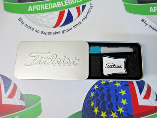 titleist alignment ball marker and turquoise sharpie in presentation tin