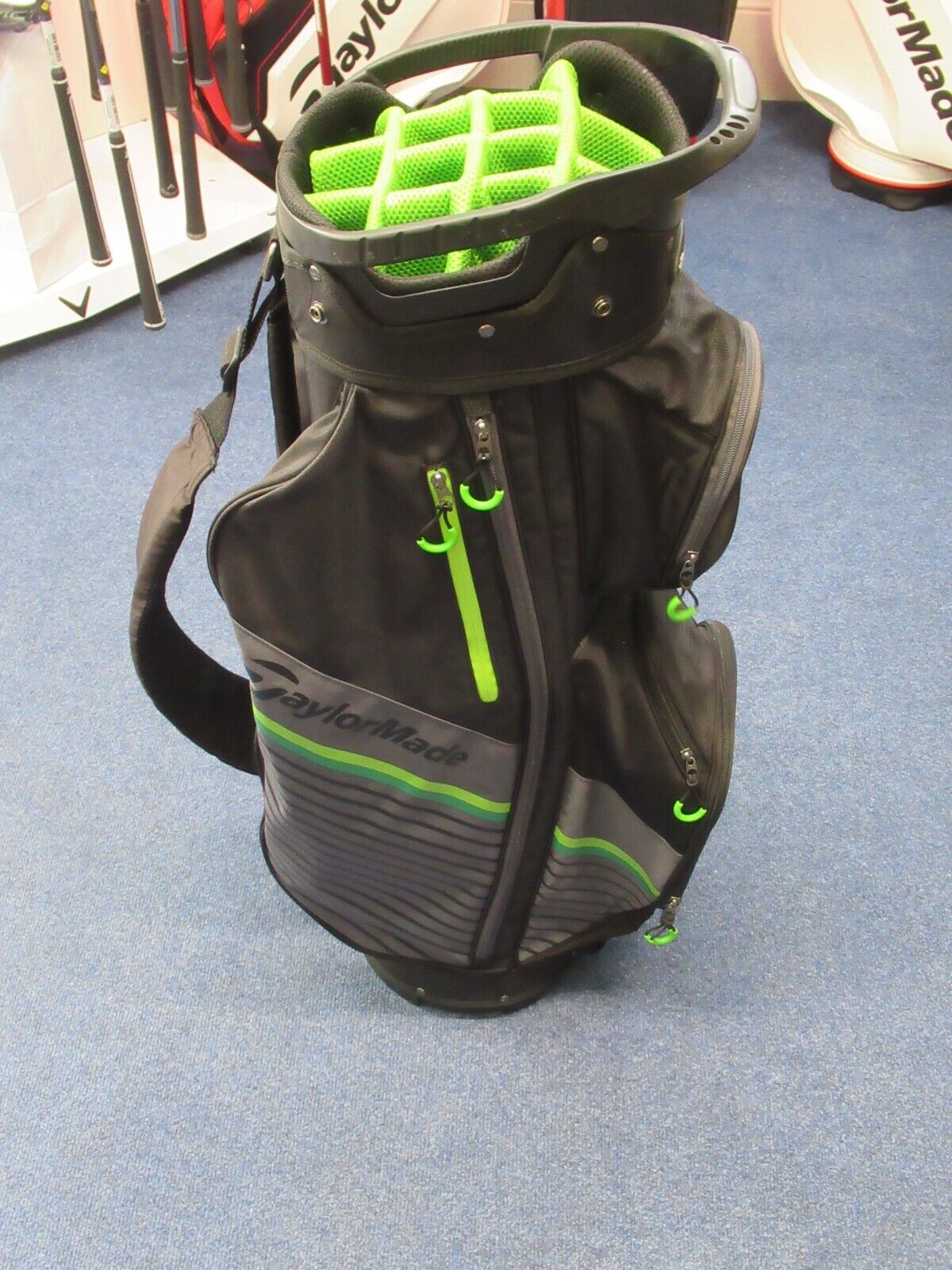 used taylormade rbz 14 way divider cart bag black/lime/grey includes rain hood