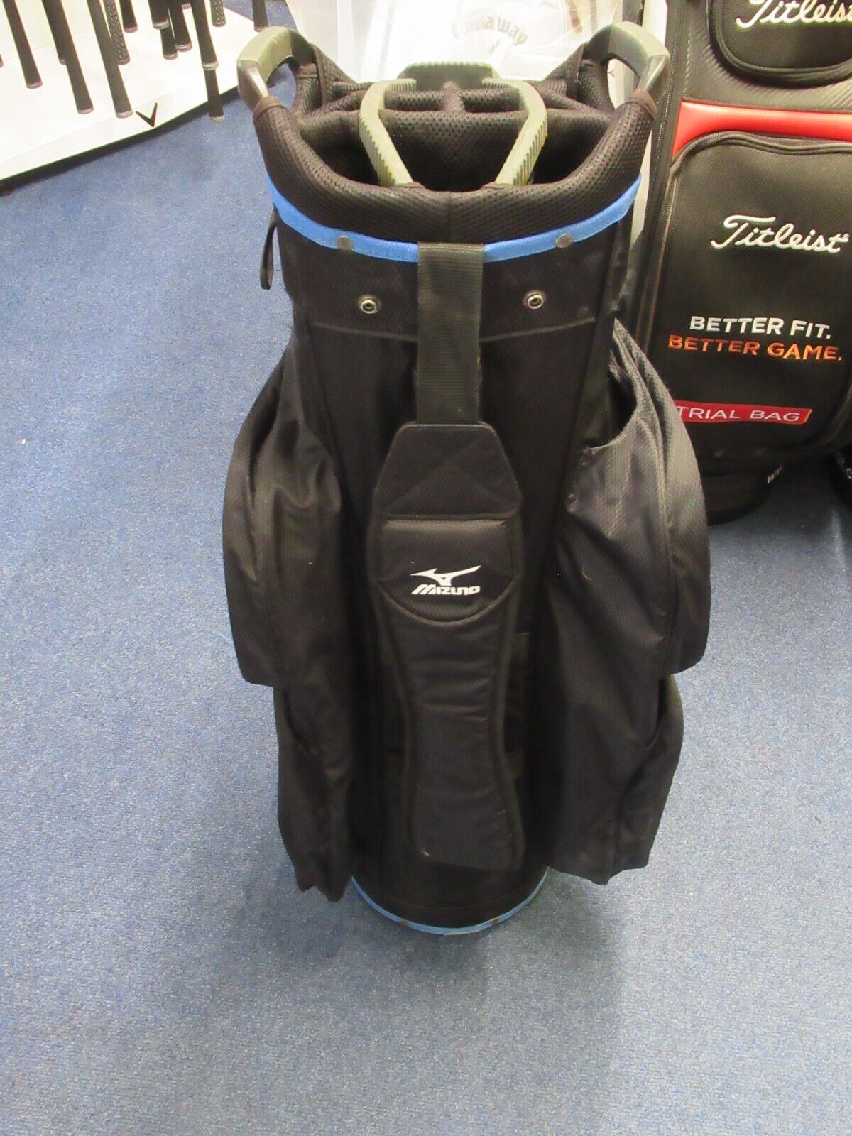 used mizuno 14 way cart bag black/blue with rain hood