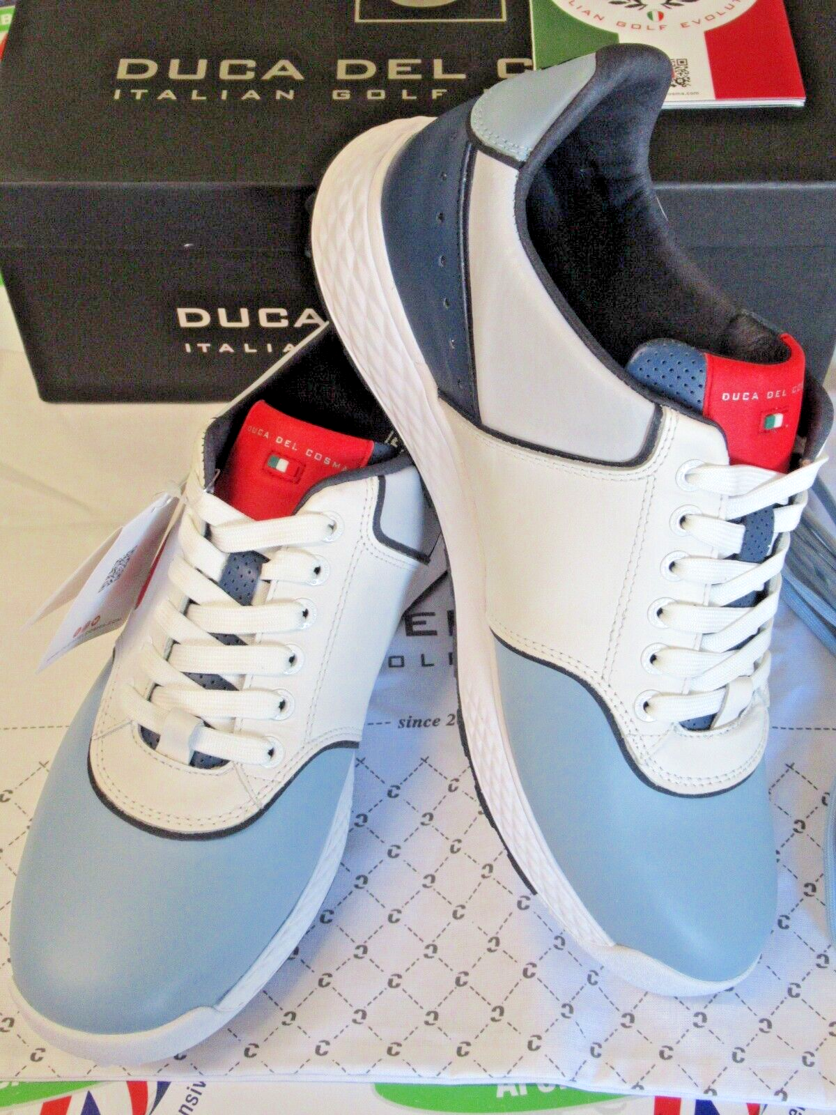 duca del cosma italian leather positano golf shoes white/blue/red uk size 11