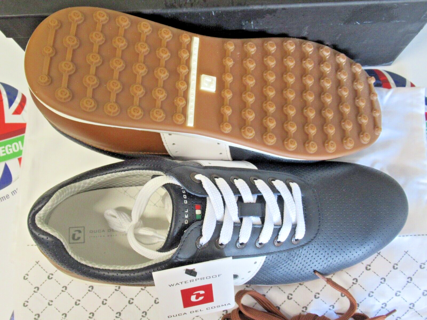 duca del cosma italian leather belair golf shoes navy/cognac/white uk size 12