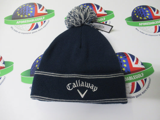 callaway golf classic pom fleece lined beanie hat navy/silver