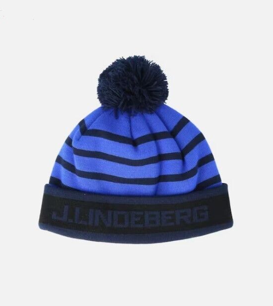 j.lindeberg pom stripe golf beanie daz blue one size fits all