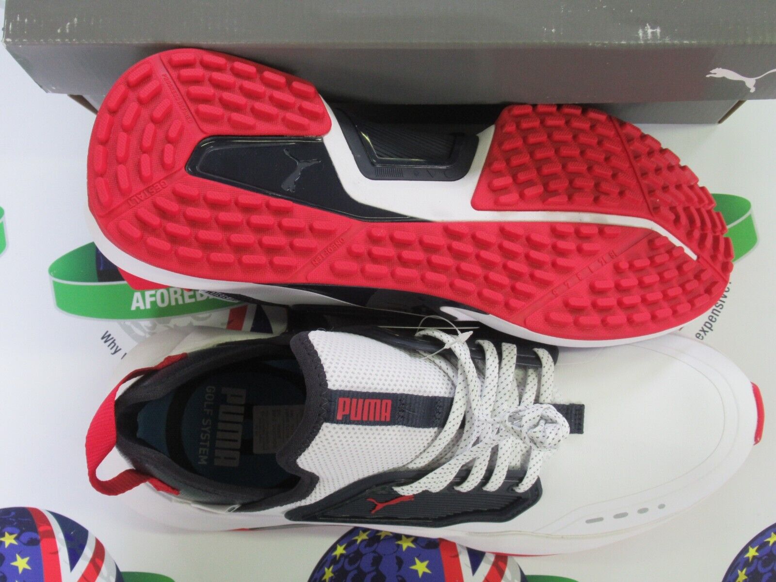 Puma red white on sale and blue golf shoes