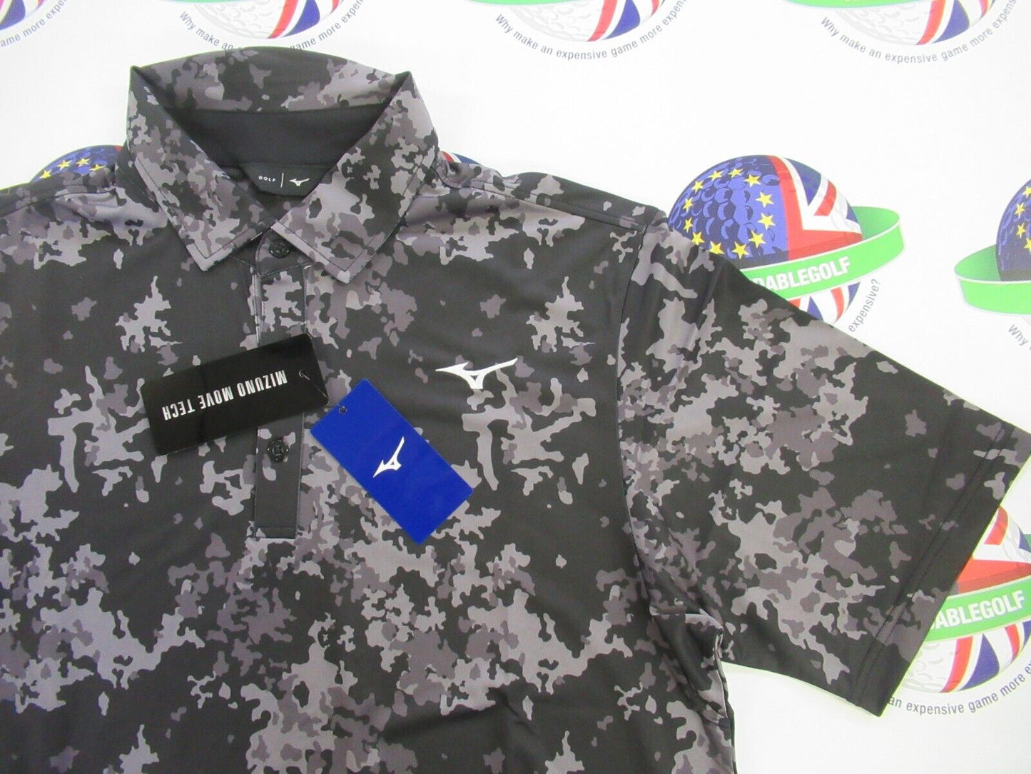 mizuno floral camo polo shirt black/grey camo uk size small